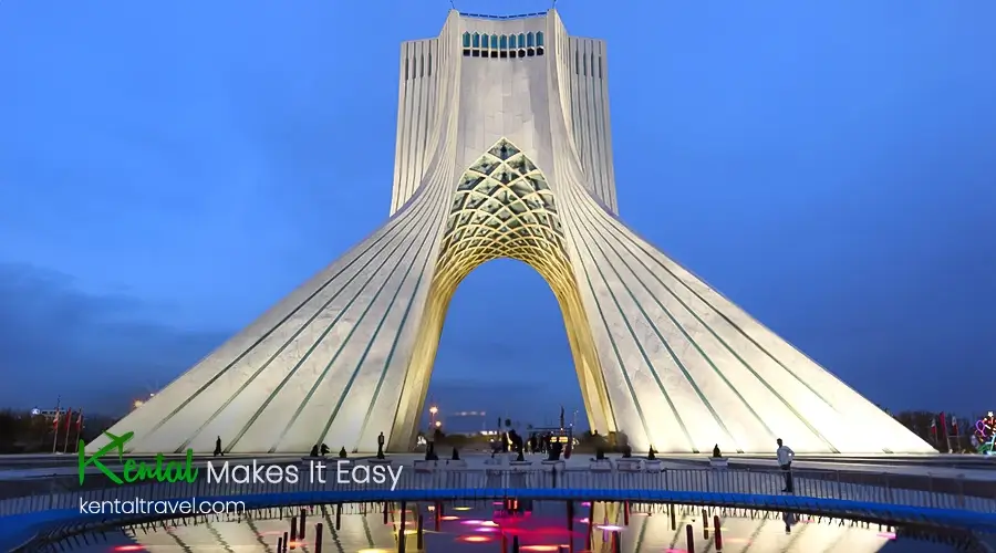 Azadi- Iran architecture site This image showcases Azadi Tower, one of Tehran’s most iconic landmarks, blending modern and traditional Persian architecture. Plan your visit with Kental Travel and explore the best of Iran’s capital
